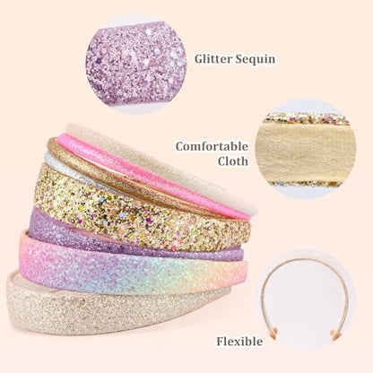 Tihebax 8-Pack Non-Slip Glitter Headbands for Girls | Sparkly Thin & Wide Hairbands for Toddlers and Kids | Gold, Pink, Purple
