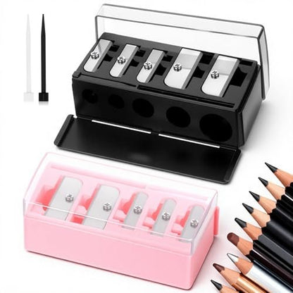 2 Pack 5 Hole Cosmetic Long Point Pencil Sharpener - Dual Color Eye Pencil Sharpener for Eyeliner, Eyebrow & Lip Liner Pencils (Black & Pink)