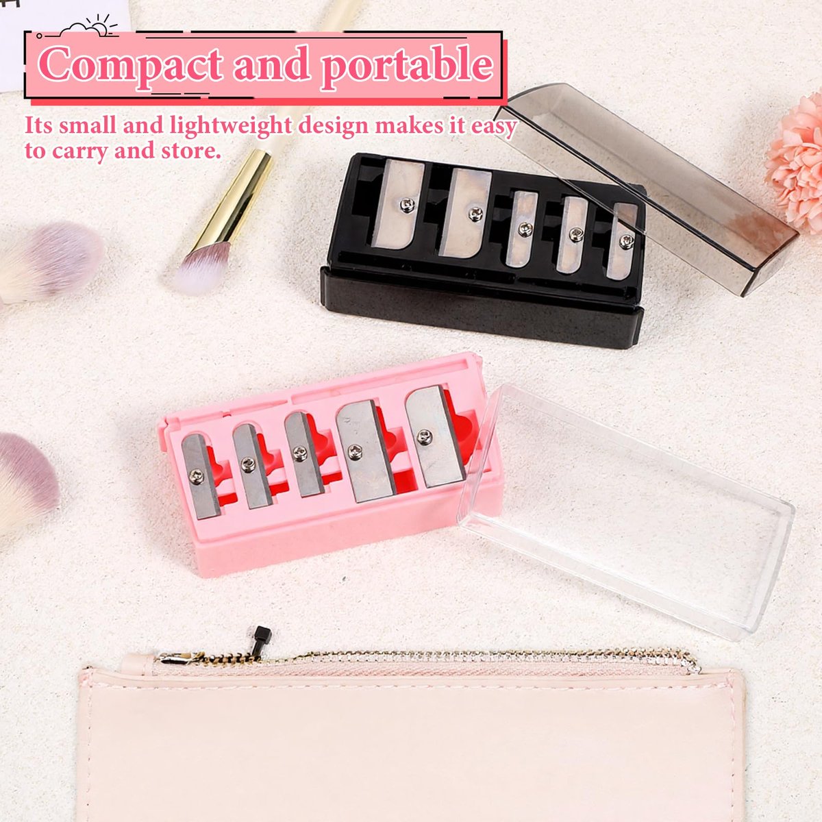 2 Pack 5 Hole Cosmetic Long Point Pencil Sharpener - Dual Color Eye Pencil Sharpener for Eyeliner, Eyebrow & Lip Liner Pencils (Black & Pink) - görsel 3