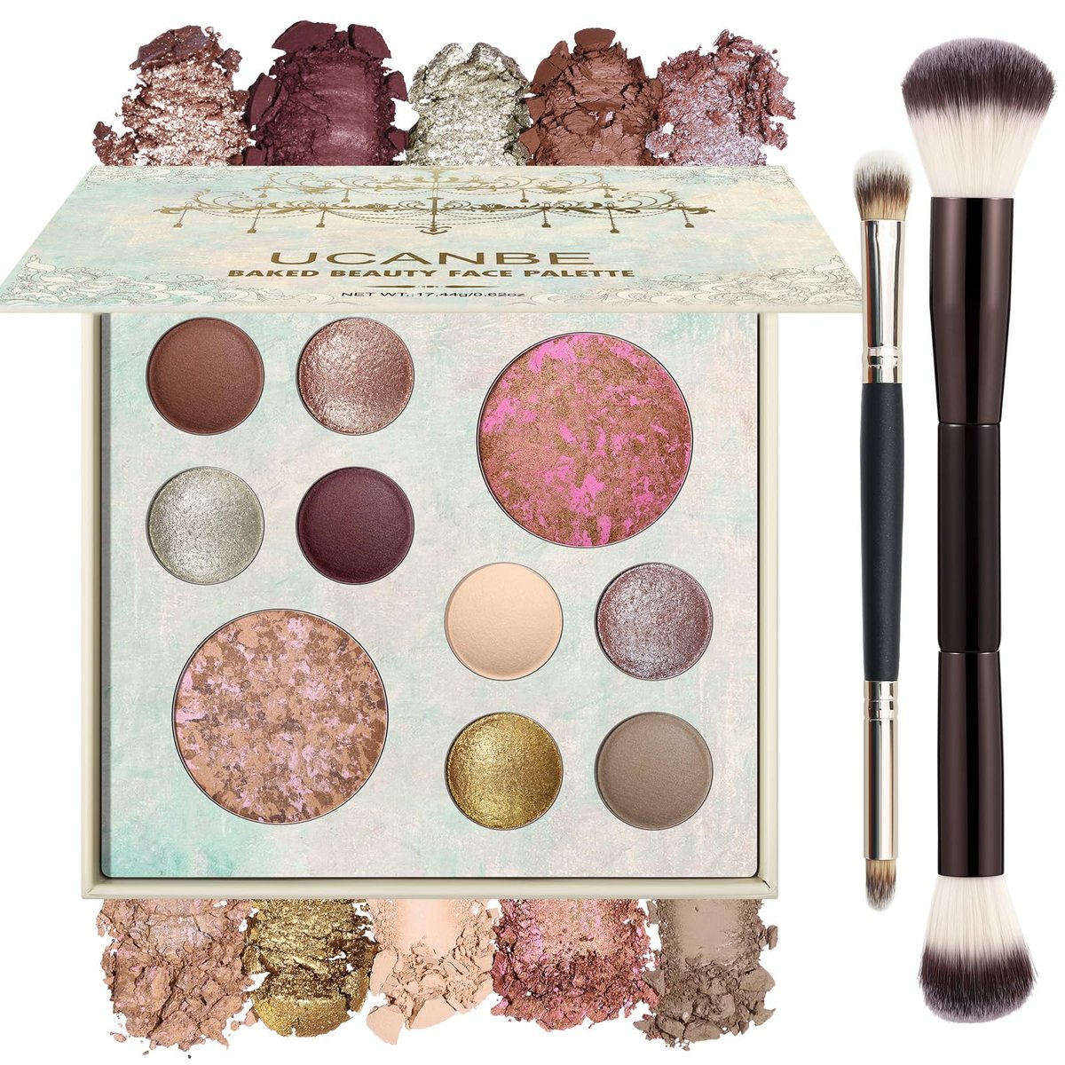 UCANBE Full Size Baked Makeup Palette Set - All-in-One Blush, Bronzer, 8 Eyeshadows & Brushes, Pigmented Face & Eye Compact for Beginners & Pros, Travel Friendly Gift Kit Avelisse