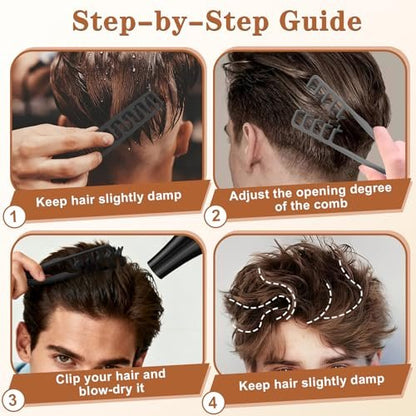 2 Pcs Texture Comb Set - Voluminous Wide-Toothed Hair Comb & Fine-Toothed Comb for Maximum Lift Roots Volume - ABS Plastic with Textured Grip for Men (Black + Grey)
