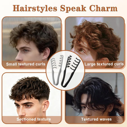 2 Pcs Texture Comb Set - Voluminous Wide-Toothed Hair Comb & Fine-Toothed Comb for Maximum Lift Roots Volume - ABS Plastic with Textured Grip for Men (Black + Grey)
