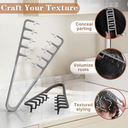 2 Pcs Texture Comb Set - Voluminous Wide-Toothed Hair Comb & Fine-Toothed Comb for Maximum Lift Roots Volume - ABS Plastic with Textured Grip for Men (Black + Grey)