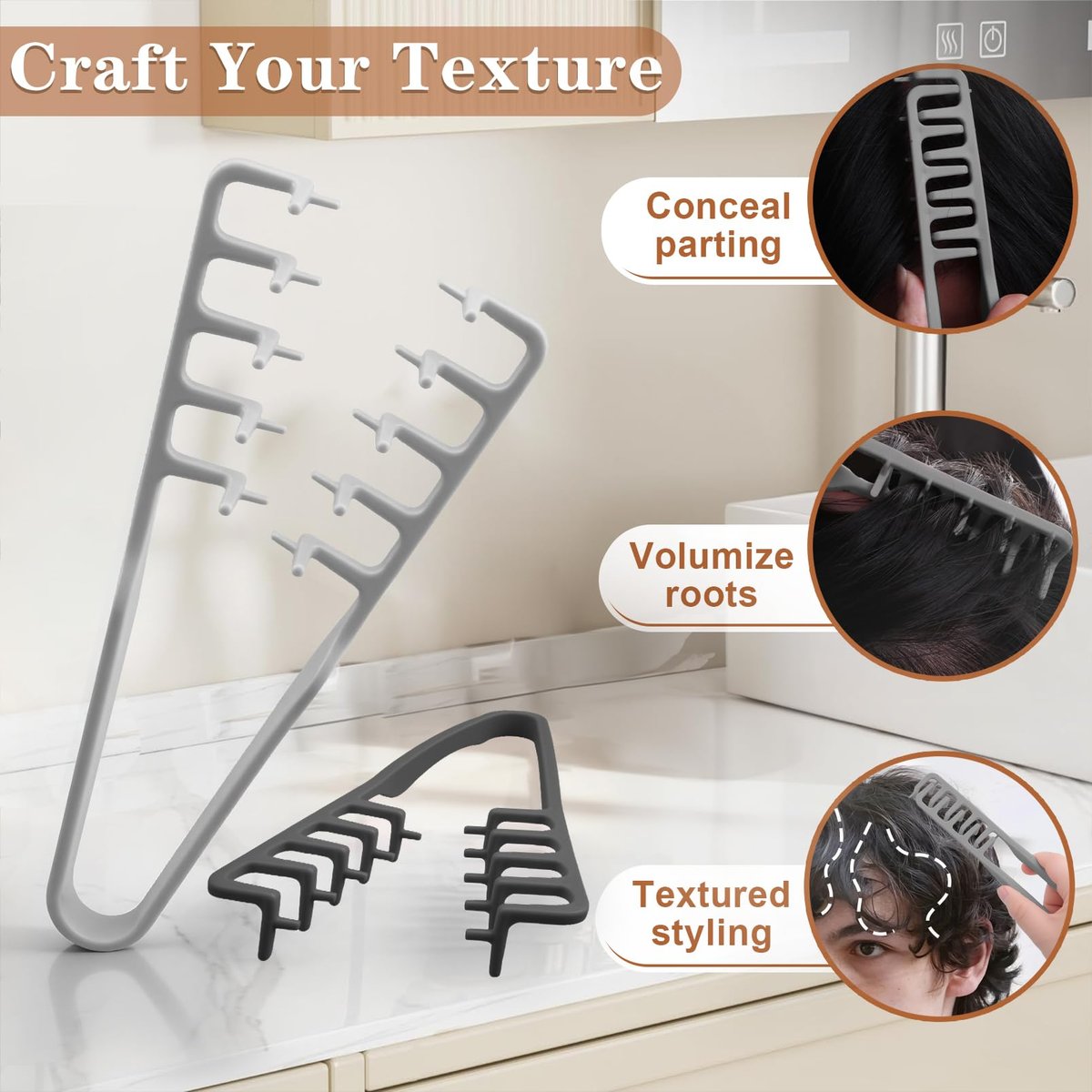 2 Pcs Texture Comb Set - Voluminous Wide-Toothed Hair Comb & Fine-Toothed Comb for Maximum Lift Roots Volume - ABS Plastic with Textured Grip for Men (Black + Grey) - görsel 9