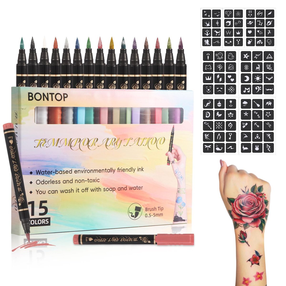 BONTOP Temporary Tattoo Markers for Skin - 15 Body Markers + 82 Stencils, Skin-Safe & Cosmetic Quality, Birthday Gift Ideas - görsel 1