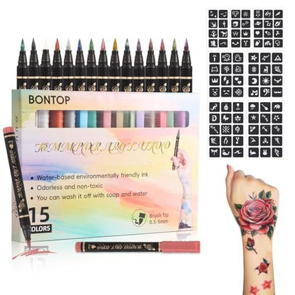 BONTOP Temporary Tattoo Markers for Skin - 15 Body Markers + 82 Stencils, Skin-Safe & Cosmetic Quality, Birthday Gift Ideas