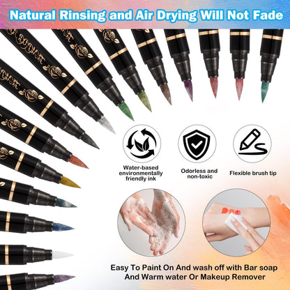 BONTOP Temporary Tattoo Markers for Skin - 15 Body Markers + 82 Stencils, Skin-Safe & Cosmetic Quality, Birthday Gift Ideas