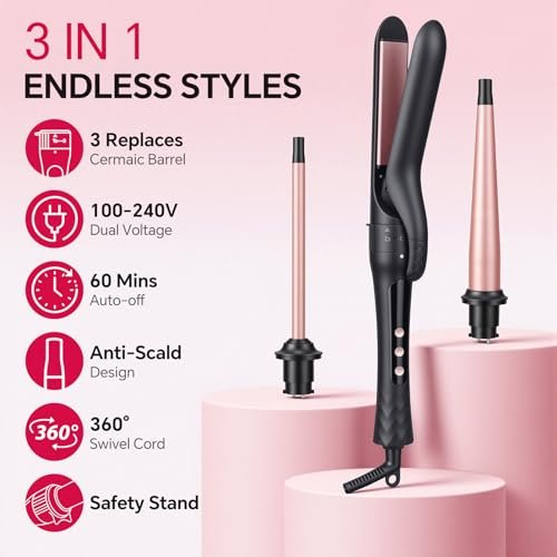 3 in 1 Curling Iron Set with Interchangeable Ceramic Barrels 0.35 to 1 Inch, Flat Iron Hair Straightener, 14 Temperature Settings, Dual Voltage Travel Hair Curler - Rose Gold - görsel 10