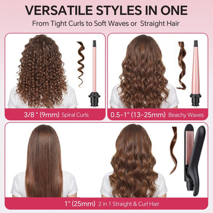 3 in 1 Curling Iron Set with Interchangeable Ceramic Barrels 0.35 to 1 Inch, Flat Iron Hair Straightener, 14 Temperature Settings, Dual Voltage Travel Hair Curler - Rose Gold
