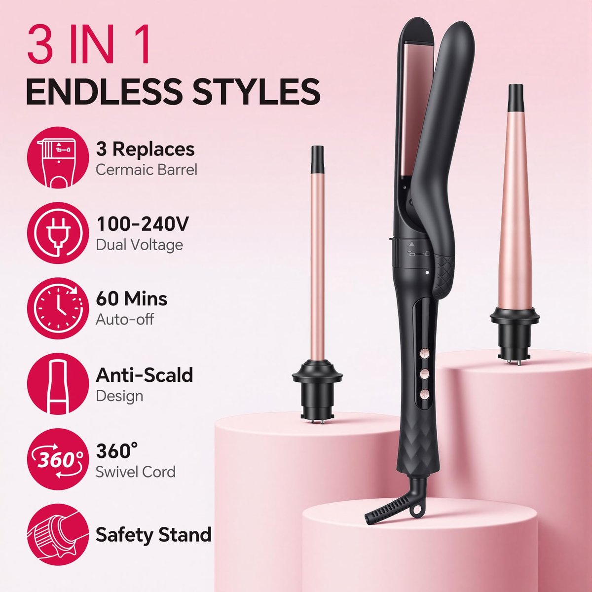 3 in 1 Curling Iron Set with Interchangeable Ceramic Barrels 0.35 to 1 Inch, Flat Iron Hair Straightener, 14 Temperature Settings, Dual Voltage Travel Hair Curler - Rose Gold - görsel 9