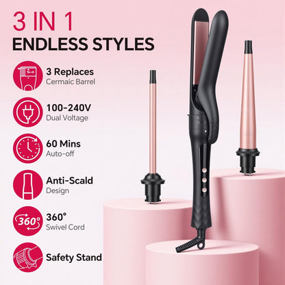 3 in 1 Curling Iron Set with Interchangeable Ceramic Barrels 0.35 to 1 Inch, Flat Iron Hair Straightener, 14 Temperature Settings, Dual Voltage Travel Hair Curler - Rose Gold