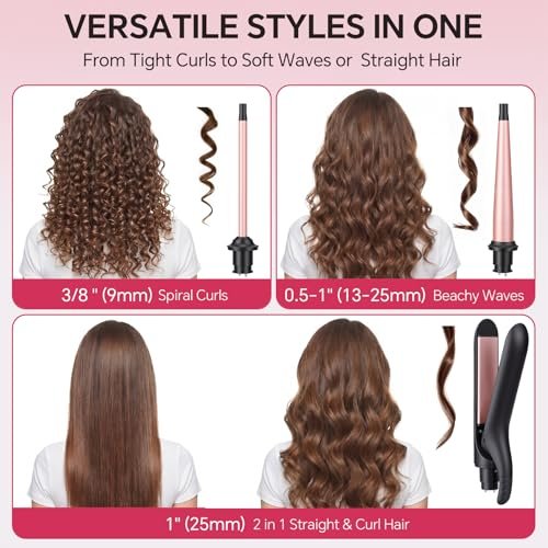 3 in 1 Curling Iron Set with Interchangeable Ceramic Barrels 0.35 to 1 Inch, Flat Iron Hair Straightener, 14 Temperature Settings, Dual Voltage Travel Hair Curler - Rose Gold - görsel 4