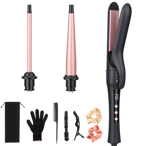 3 in 1 Curling Iron Set with Interchangeable Ceramic Barrels 0.35 to 1 Inch, Flat Iron Hair Straightener, 14 Temperature Settings, Dual Voltage Travel Hair Curler - Rose Gold - görsel 2