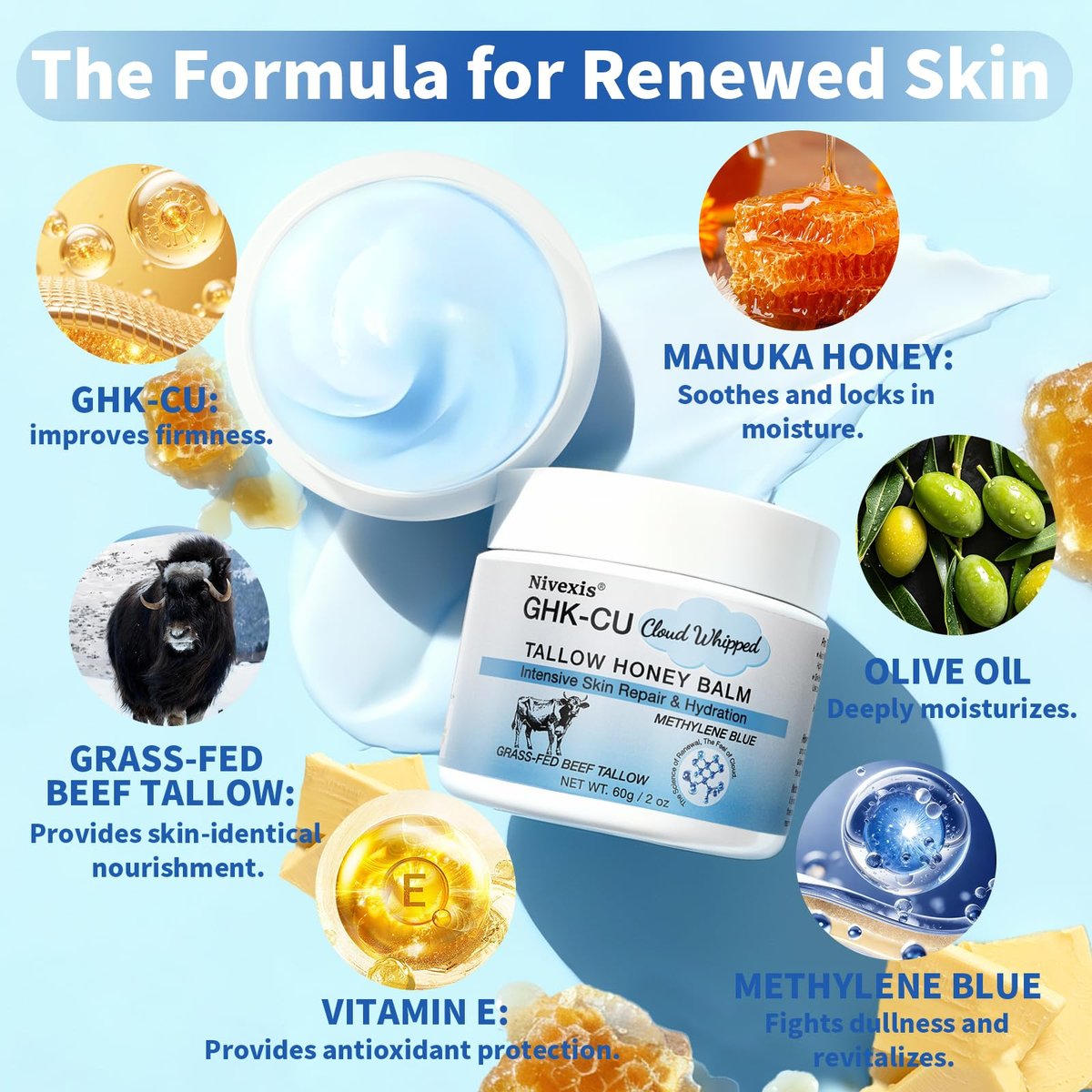 Nivexis Copper Peptides GHK-Cu Whipped Beef Tallow for Skin - Grass Fed Beef Tallow and Honey Balm with Methylene Blue Anti-Aging Moisturizer, Face & Body, All Skin Types, 2 Oz - görsel 11