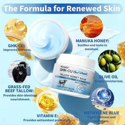 Nivexis Copper Peptides GHK-Cu Whipped Beef Tallow for Skin - Grass Fed Beef Tallow and Honey Balm with Methylene Blue Anti-Aging Moisturizer, Face & Body, All Skin Types, 2 Oz