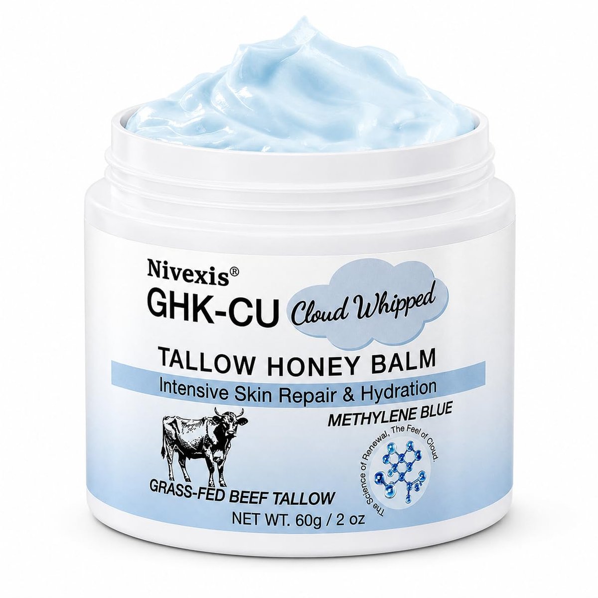 Nivexis Copper Peptides GHK-Cu Whipped Beef Tallow for Skin - Grass Fed Beef Tallow and Honey Balm with Methylene Blue Anti-Aging Moisturizer, Face & Body, All Skin Types, 2 Oz - görsel 1