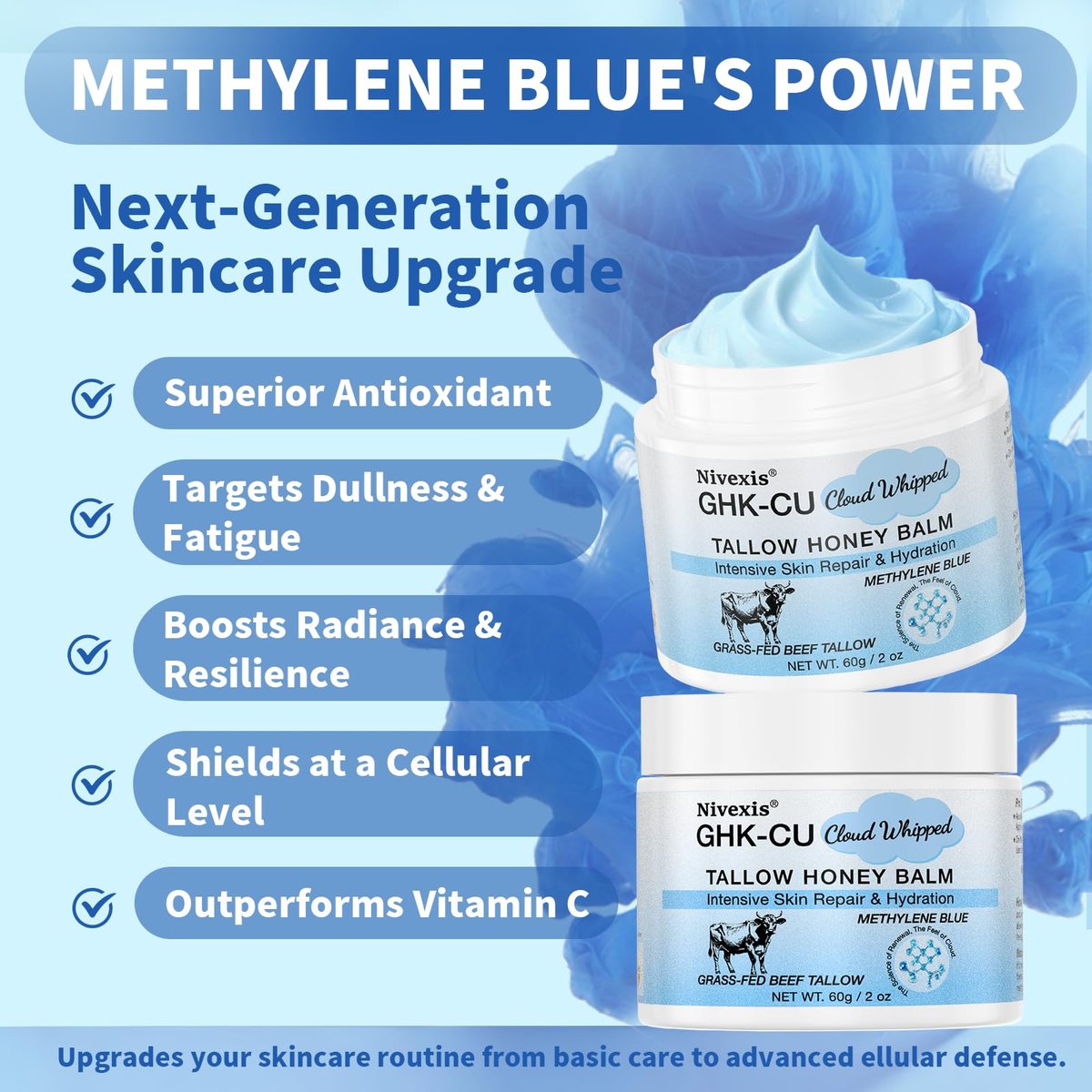 Nivexis Copper Peptides GHK-Cu Whipped Beef Tallow for Skin - Grass Fed Beef Tallow and Honey Balm with Methylene Blue Anti-Aging Moisturizer, Face & Body, All Skin Types, 2 Oz - görsel 5