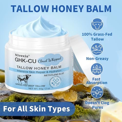 Nivexis Copper Peptides GHK-Cu Whipped Beef Tallow for Skin - Grass Fed Beef Tallow and Honey Balm with Methylene Blue Anti-Aging Moisturizer, Face & Body, All Skin Types, 2 Oz - görsel 4