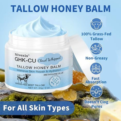 Nivexis Copper Peptides GHK-Cu Whipped Beef Tallow for Skin - Grass Fed Beef Tallow and Honey Balm with Methylene Blue Anti-Aging Moisturizer, Face & Body, All Skin Types, 2 Oz