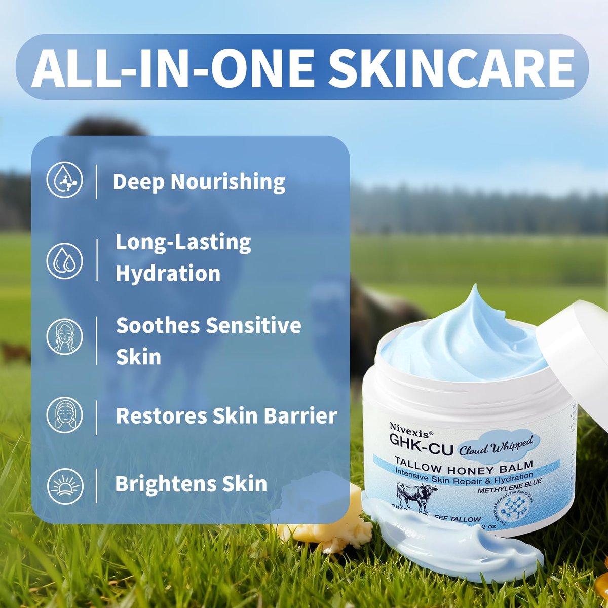 Nivexis Copper Peptides GHK-Cu Whipped Beef Tallow for Skin - Grass Fed Beef Tallow and Honey Balm with Methylene Blue Anti-Aging Moisturizer, Face & Body, All Skin Types, 2 Oz - görsel 7