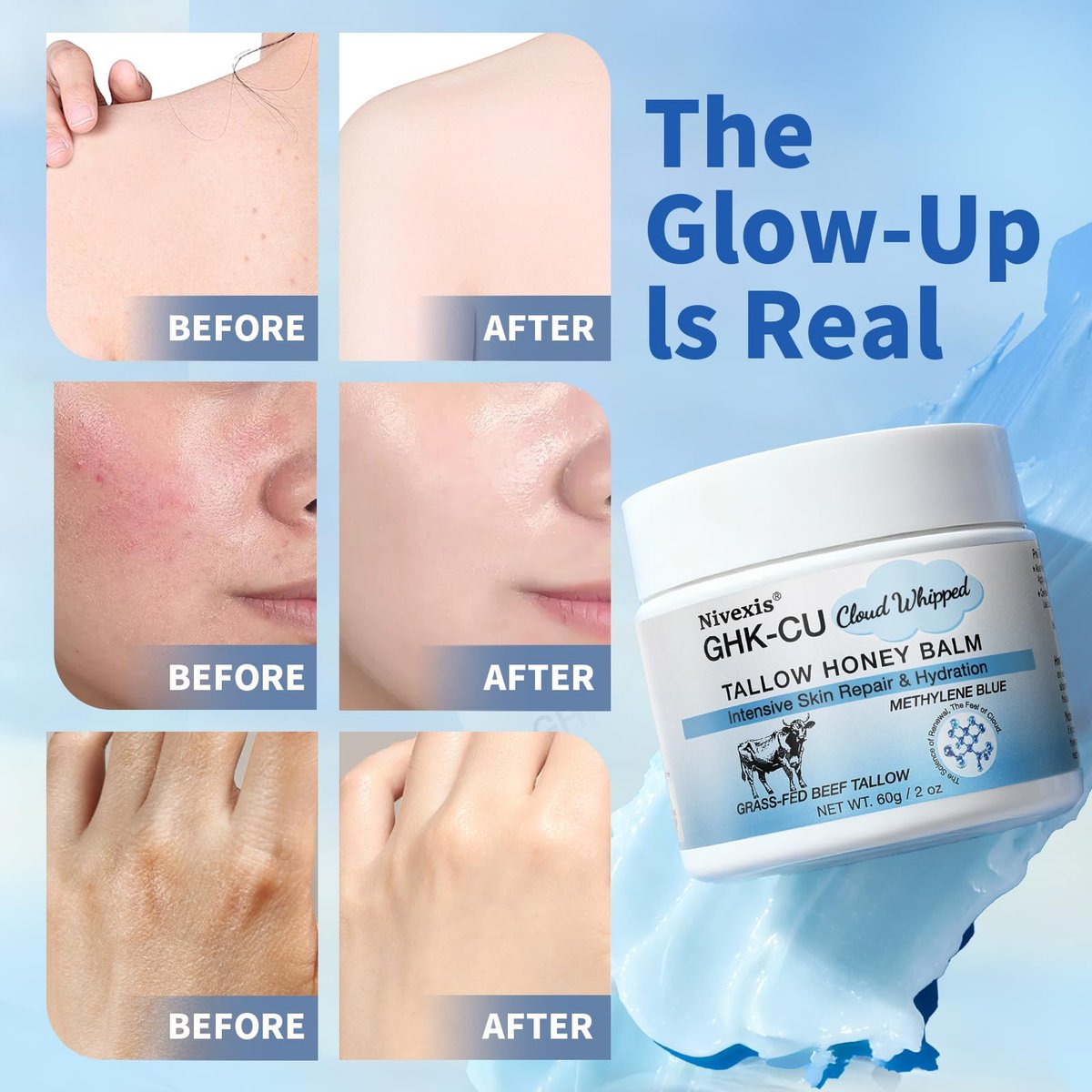 Nivexis Copper Peptides GHK-Cu Whipped Beef Tallow for Skin - Grass Fed Beef Tallow and Honey Balm with Methylene Blue Anti-Aging Moisturizer, Face & Body, All Skin Types, 2 Oz - görsel 9
