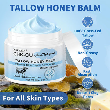 Nivexis Copper Peptides GHK-Cu Whipped Beef Tallow for Skin - Grass Fed Beef Tallow and Honey Balm with Methylene Blue Anti-Aging Moisturizer, Face & Body, All Skin Types, 2 Oz