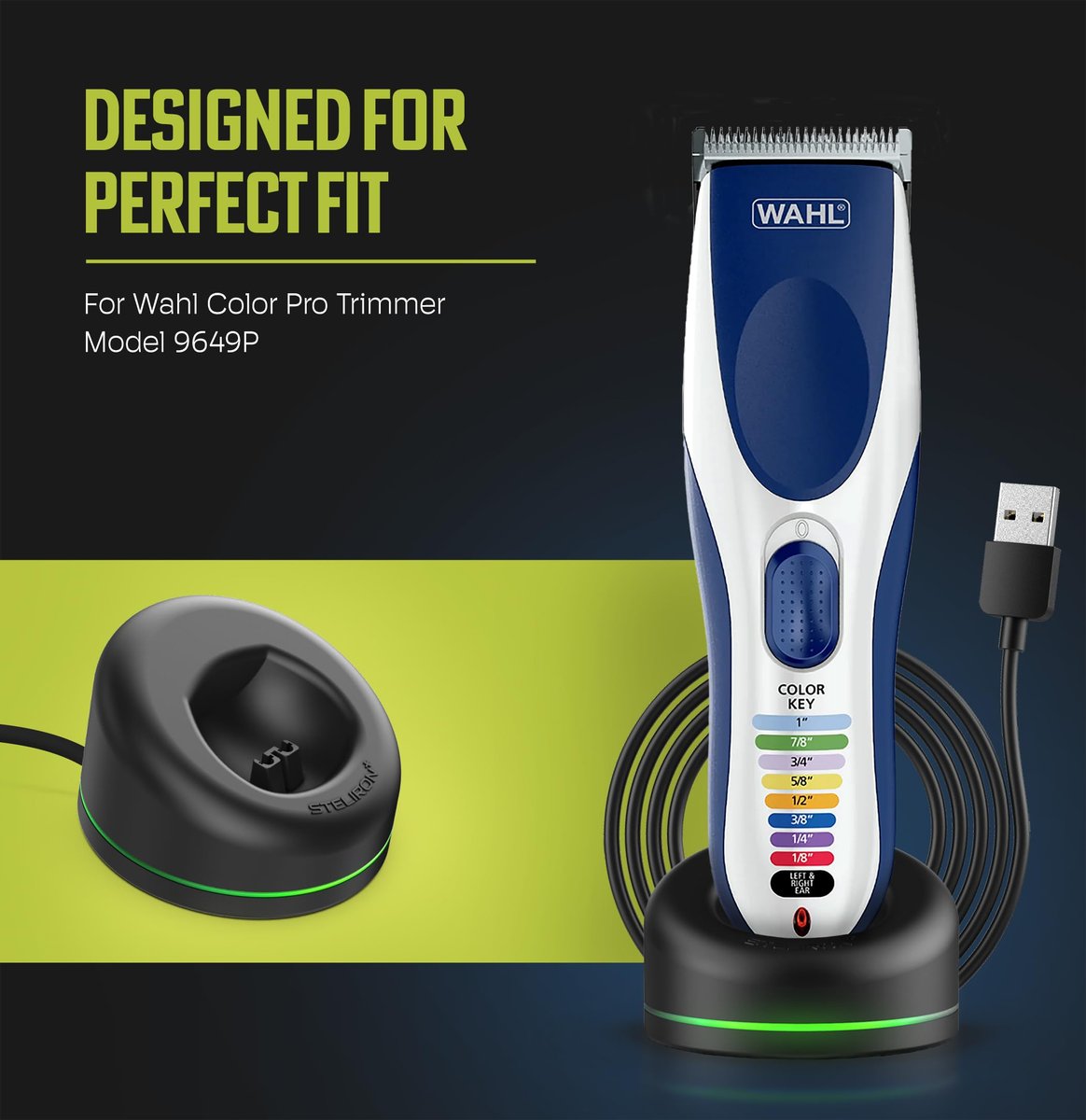 Replacement Charging Dock for Wahl Color Pro Cordless Clipper & Trimmer Model 9649P – USB Powered with LED Indicator (Black) Avelisse