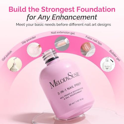 MelodySusie 30ML Nail Dehydrator and Primer, 3-in-1 HEMA-Free Acid-Free Nourishing Nail Prep for Thickening Solutions, Acrylic & Gel Nails