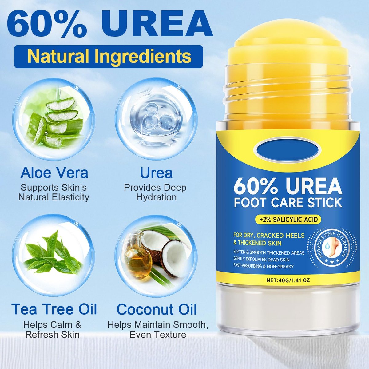 SPRINGSUGAR 60% Urea Foot Cream Stick with 2% Salicylic Acid – Extra-Strength Cracked Heel Repair for Dry Feet & Calluses, Moisturizing Urea Cream Stick for Dead Skin Removal, Heel Balm for Rough Skin (2-Pack) Avelisse