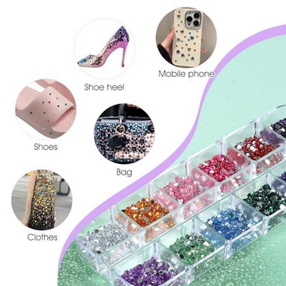 Nogeqi 3000PCS Nail Gems and Rhinestones, Multicolor 2mm Flat Back Rhinestone Nail Charms for Nail Art, Crafting, and DIY (12 Colors)