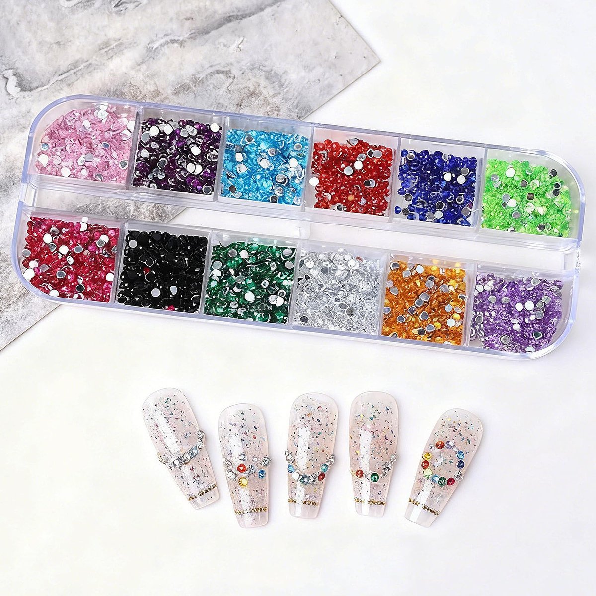 Nogeqi 3000PCS Nail Gems and Rhinestones, Multicolor 2mm Flat Back Rhinestone Nail Charms for Nail Art, Crafting, and DIY (12 Colors) - görsel 9