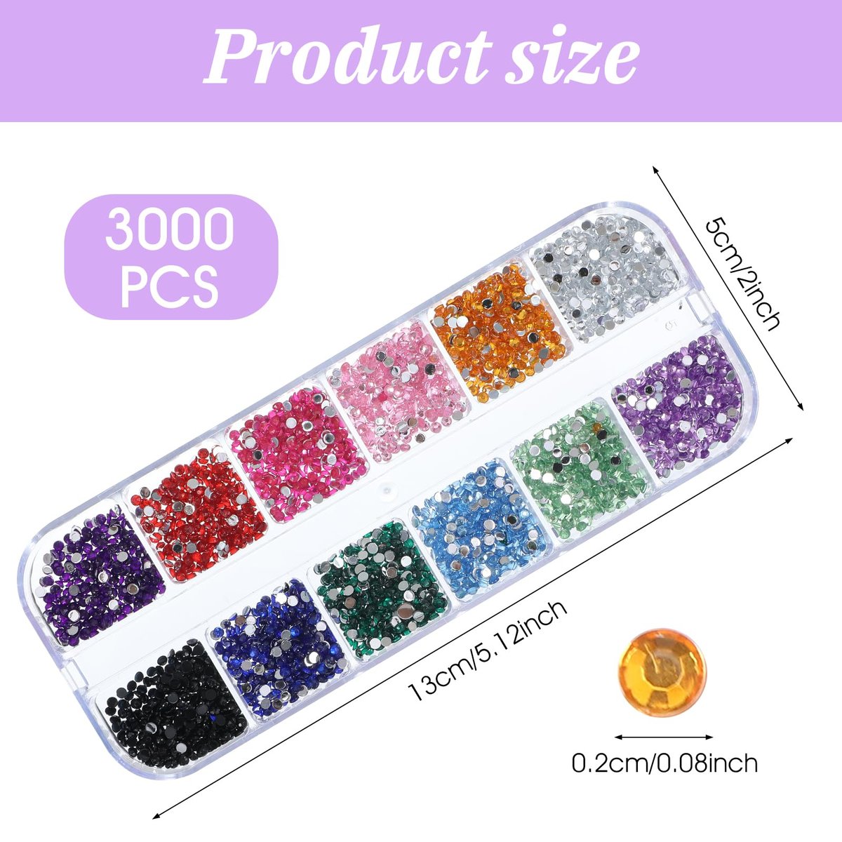 Nogeqi 3000PCS Nail Gems and Rhinestones, Multicolor 2mm Flat Back Rhinestone Nail Charms for Nail Art, Crafting, and DIY (12 Colors) - görsel 3