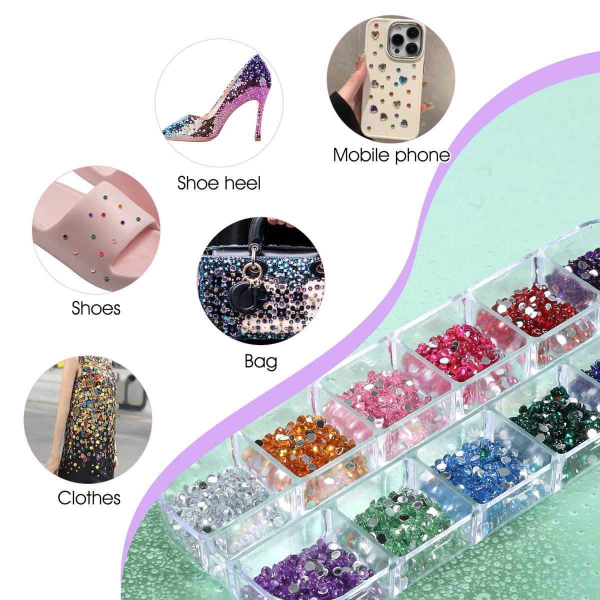 Nogeqi 3000PCS Nail Gems and Rhinestones, Multicolor 2mm Flat Back Rhinestone Nail Charms for Nail Art, Crafting, and DIY (12 Colors) - görsel 7