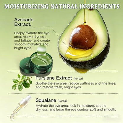 Avocado Eye Mask 60 Pcs - Hydrating Under Eye Patches for Dark Circles, Puffiness, and Fine Lines