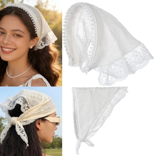 SL Sursarbelor 2-Pack Bandana Hair Scarf Headband for Women - White and Apricot Lace Triangle Hair Scarves, Cute Head Accessories Avelisse