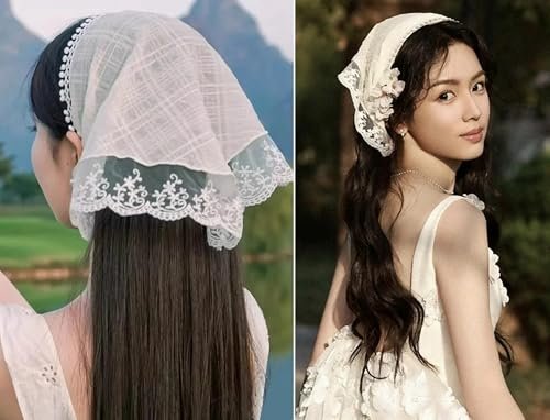 SL Sursarbelor 2-Pack Bandana Hair Scarf Headband for Women - White and Apricot Lace Triangle Hair Scarves, Cute Head Accessories Avelisse