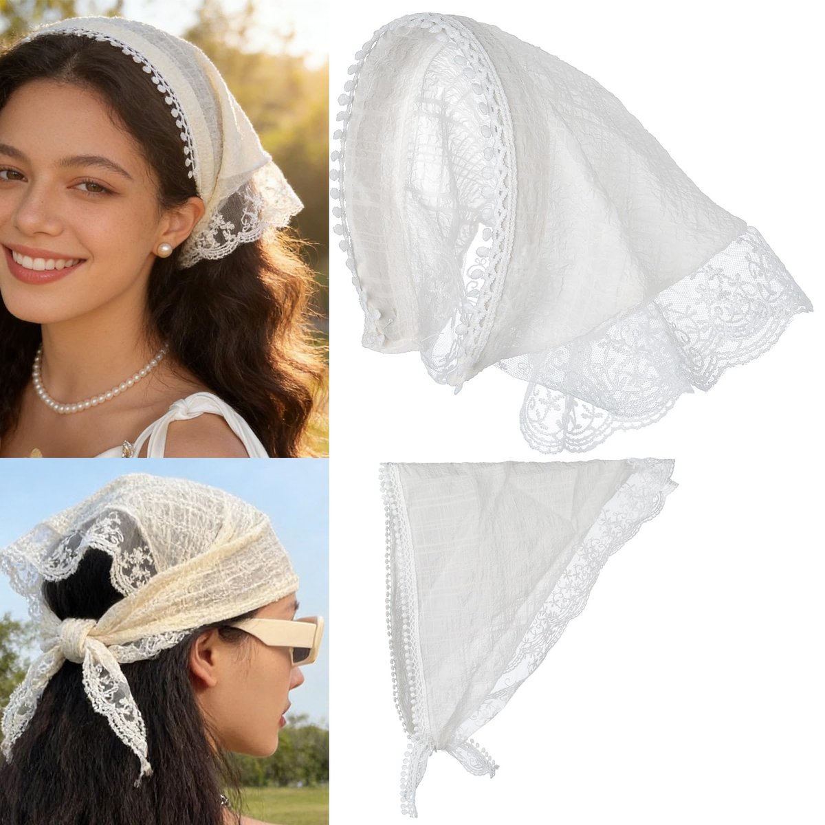 SL Sursarbelor 2-Pack Bandana Hair Scarf Headband for Women - White and Apricot Lace Triangle Hair Scarves, Cute Head Accessories Avelisse
