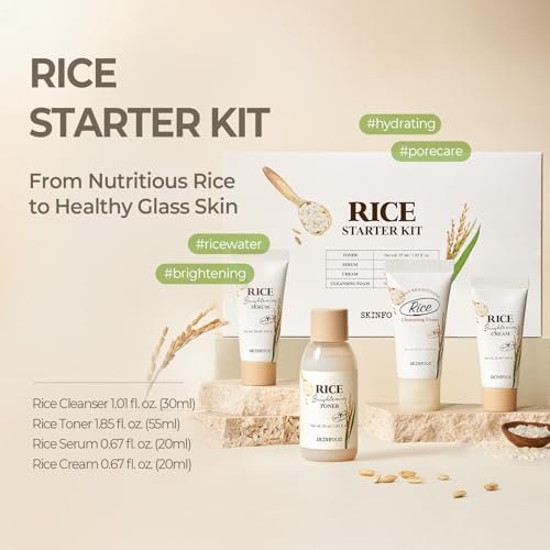SKINFOOD Rice Starter Kit: Glass Skin Travel Set with Toner, Serum, Moisturizer & Face Wash Avelisse