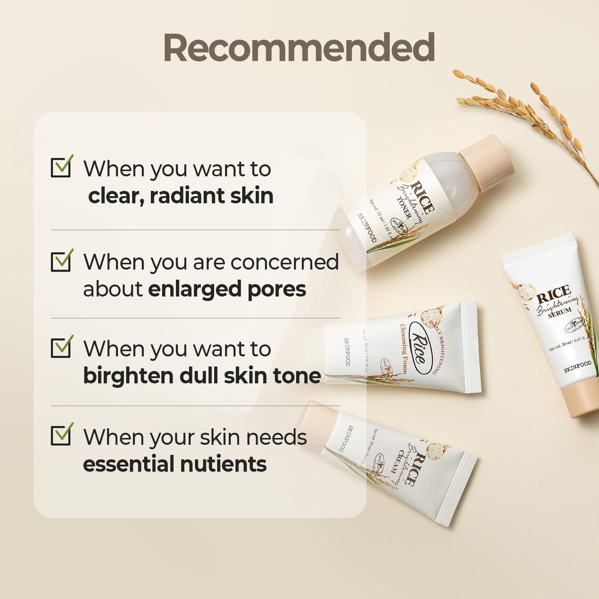 SKINFOOD Rice Starter Kit: Glass Skin Travel Set with Toner, Serum, Moisturizer & Face Wash Avelisse