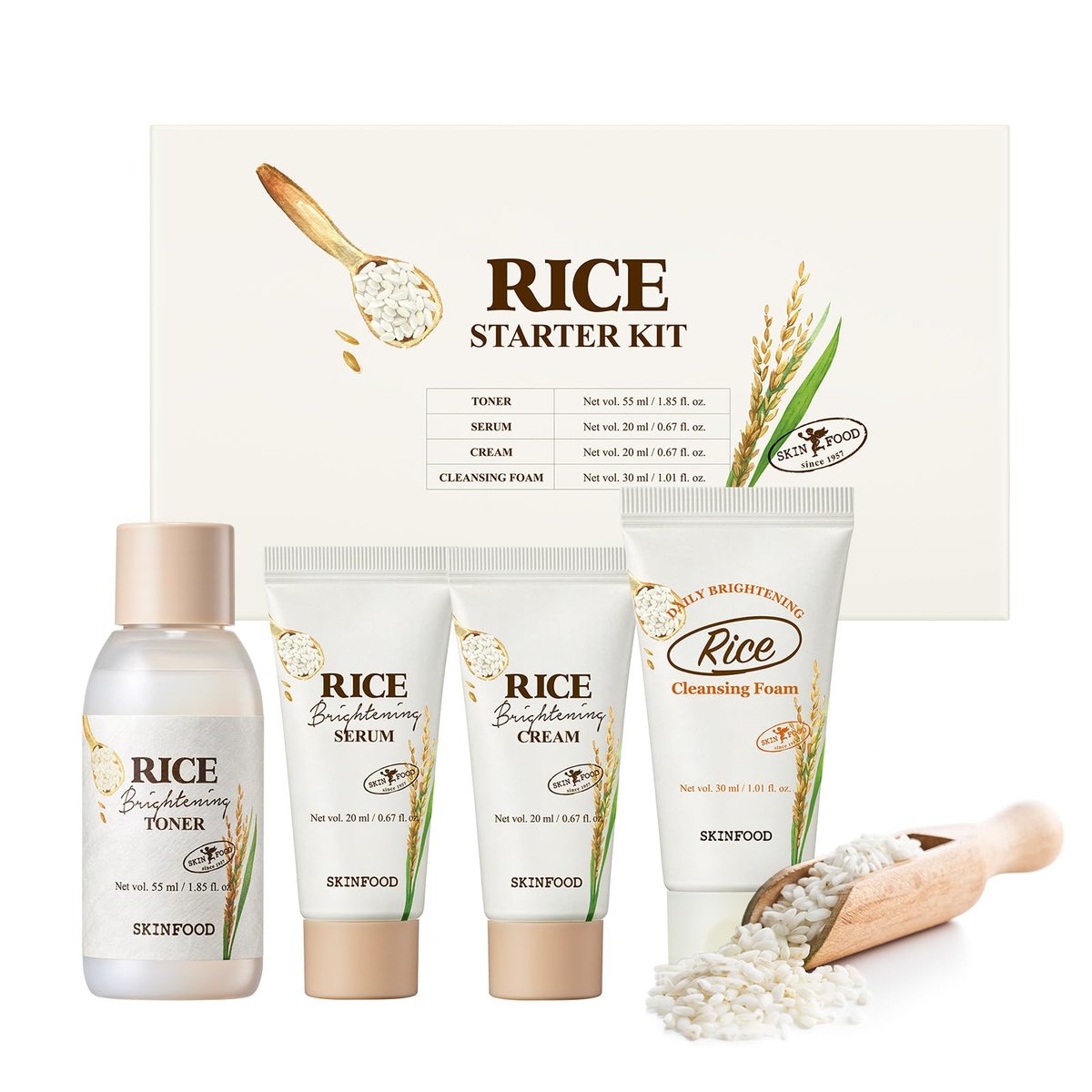 SKINFOOD Rice Starter Kit: Glass Skin Travel Set with Toner, Serum, Moisturizer & Face Wash Avelisse