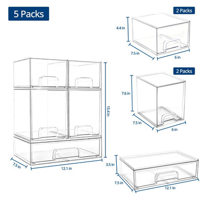 Baby Bottle Organizer Stackable Acrylic Storage Drawers 5-Pack – Non-Slip Pull-Out Drawers for Baby Bottles, Pump Parts, Pantry, Vanity Countertop (4.4" & 7.6" Tall, 12.1" Wide, Transparent) Avelisse
