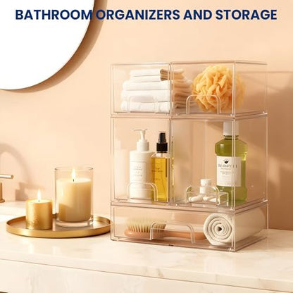 Baby Bottle Organizer Stackable Acrylic Storage Drawers 5-Pack – Non-Slip Pull-Out Drawers for Baby Bottles, Pump Parts, Pantry, Vanity Countertop (4.4" & 7.6" Tall, 12.1" Wide, Transparent) Avelisse