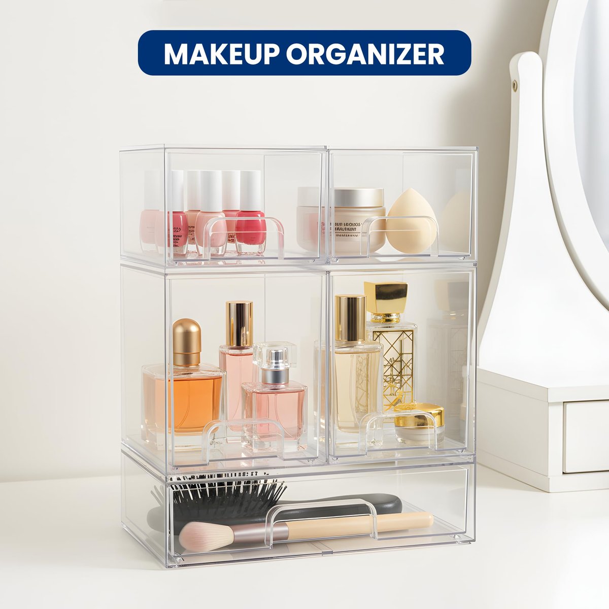 Baby Bottle Organizer Stackable Acrylic Storage Drawers 5-Pack – Non-Slip Pull-Out Drawers for Baby Bottles, Pump Parts, Pantry, Vanity Countertop (4.4" & 7.6" Tall, 12.1" Wide, Transparent) Avelisse
