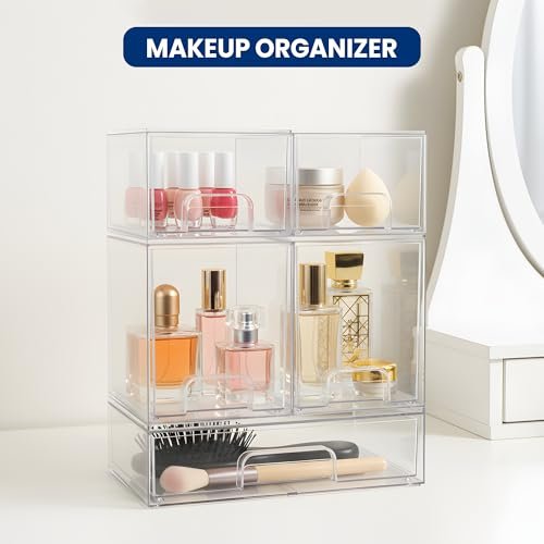 Baby Bottle Organizer Stackable Acrylic Storage Drawers 5-Pack – Non-Slip Pull-Out Drawers for Baby Bottles, Pump Parts, Pantry, Vanity Countertop (4.4" & 7.6" Tall, 12.1" Wide, Transparent) Avelisse