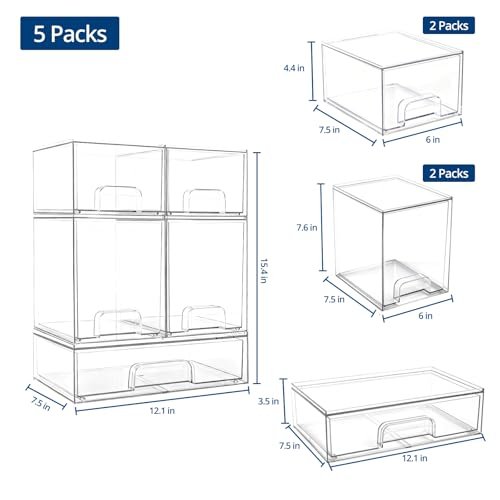 Baby Bottle Organizer Stackable Acrylic Storage Drawers 5-Pack – Non-Slip Pull-Out Drawers for Baby Bottles, Pump Parts, Pantry, Vanity Countertop (4.4" & 7.6" Tall, 12.1" Wide, Transparent) Avelisse