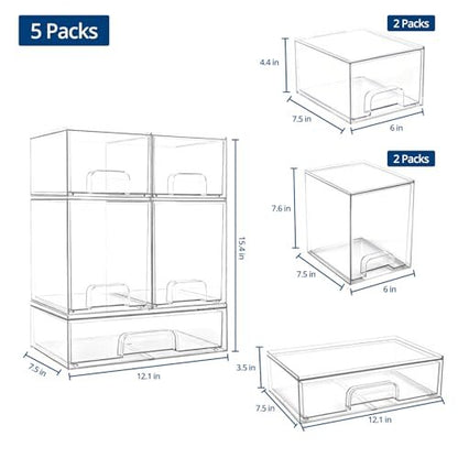 Baby Bottle Organizer Stackable Acrylic Storage Drawers 5-Pack – Non-Slip Pull-Out Drawers for Baby Bottles, Pump Parts, Pantry, Vanity Countertop (4.4" & 7.6" Tall, 12.1" Wide, Transparent) Avelisse