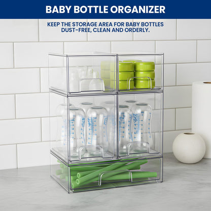 Baby Bottle Organizer Stackable Acrylic Storage Drawers 5-Pack – Non-Slip Pull-Out Drawers for Baby Bottles, Pump Parts, Pantry, Vanity Countertop (4.4" & 7.6" Tall, 12.1" Wide, Transparent) Avelisse
