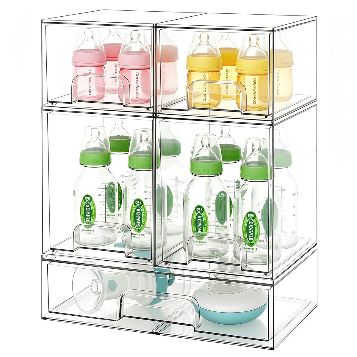 Baby Bottle Organizer Stackable Acrylic Storage Drawers 5-Pack – Non-Slip Pull-Out Drawers for Baby Bottles, Pump Parts, Pantry, Vanity Countertop (4.4" & 7.6" Tall, 12.1" Wide, Transparent) Avelisse