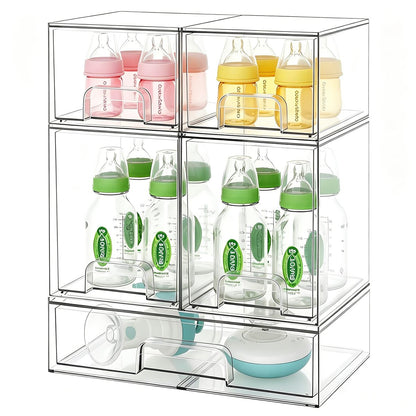 Baby Bottle Organizer Stackable Acrylic Storage Drawers 5-Pack – Non-Slip Pull-Out Drawers for Baby Bottles, Pump Parts, Pantry, Vanity Countertop (4.4" & 7.6" Tall, 12.1" Wide, Transparent) Avelisse
