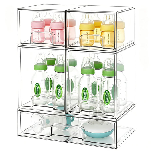Baby Bottle Organizer Stackable Acrylic Storage Drawers 5-Pack – Non-Slip Pull-Out Drawers for Baby Bottles, Pump Parts, Pantry, Vanity Countertop (4.4" & 7.6" Tall, 12.1" Wide, Transparent) Avelisse